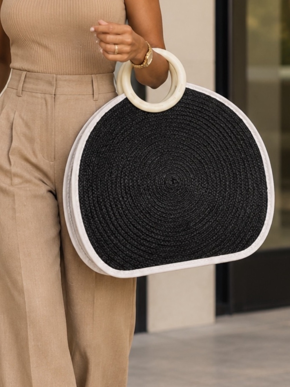 Cache Black Chic Summer Bag  Woven Tote with White‎ Trim and Handle